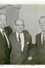 President Hugh Gloster with Govenor William Scranton and Dr. David Henry. Written on verso: Carnegie Commission on the Future of Higher Education, March 1968. (L-R) Gov. Williams W. Scranton of Pennsylvania; Dr. David D. Henry, President University of Illinois; Dr. Hugh Gloster.