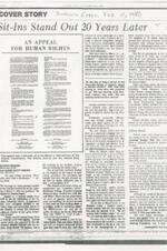 This article revisits the impactful sit-in protests 20 years ago in Atlanta, focusing on the March 9, 1960, full-page ad titled "An Appeal for Human Rights" published in local newspapers. The appeal, drafted by students at the request of college presidents, declared their intent to use non-violent means to secure full citizenship rights and addressed inequalities in various sectors like education, employment, and public services. The sit-ins initiated a series of demonstrations, leading to arrests and, eventually, significant progress in civil rights. The article includes interviews with key leaders of the movement, such as Julian Bond, Ben Brown, Lonnie King, and Mary Ann Smith Wilson, who reflect on their experiences and the lasting impact of their activism. 2 pages.