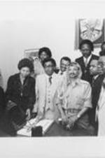 Southern Christian Leadership Conference (SCLC) President Joseph E. Lowery (third from left) is shown with his wife Evelyn and other members of the SCLC delegation that traveled to Lebanon as part of a peace mission. The SCLC delegation stand with Yasser Arafat (at center), the chairman of the Palestinian Liberation Organization.