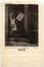 A child stands on a sidewalk and holds a sign urging viewers to vote.