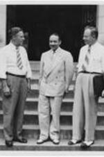Arthur Raper (left) stands with Harry V. Richardson (center), and another unidentified man on the steps of Gammon Chapel.