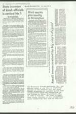 "State increase of Black officials is ranked No.1," about the gain of Black public officials in Alabama, along with clippings "Black mayors plan meeting in Birmingham", March 18, 1982, and "Small towns revived by big city 'refugees'", February 8, 1976. 1 page.