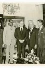 Written on verso: Commct. 69' Dr. Gloster, Pilzner, L. Johnson, Humphrey, Allen, C. Sanders and Jackson. Invities to Commencement Breakfast, June, 1969: L-R: President Gloster, State Democrat Chairman Pilzner, Senator Leroy Johnson, Vice-President Humphrey, Mayor Ivan Allen, Ex-Govenor Carl Sanders, and Maynard Jackson.