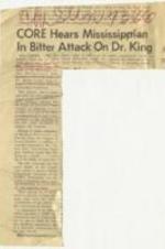 "CORE Hears Mississippian In Bitter Attack on Dr. King" article on Mrs. Fannie Lou Hamer's comments on Dr. King. 1 page.