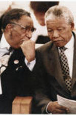 Southern Christian Leadership Conference President Joseph E. Lowery sits and talks with Nelson Mandela during a welcome event for Mandela at Big Bethel A.M.E. Church in Atlanta, Georgia.