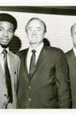 President Hugh Gloster with former U.S Vice-President Hubert Humphrey and C. Drake.Written on verso: Commt. 69' C. Drake, Humphrey, Dr. Gloster.