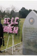 Evelyn G. Lowery and Johnnie Carr pose for a photo next to the memorial monument for Viola Liuzzo.