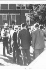 Everett Millican and others are interviewed during a political rally at Morris Brown College.