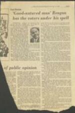 The article discusses the results of the debates between President Reagan and Walter F. Mondale, highlighting the fact that, despite Reagan's shortcomings in terms of working hours, knowledge of important issues, coherence, and embarrassing public utterances, he comes across as a good-natured man who is liked even better for those faults and is likely to win the election. 1 page.