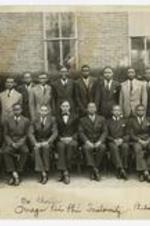Outdoor group portrait of men. Written on recto: "Mu" chapter, 1938-39 Omega Psi Phi Fraternity, Philander Smith College.