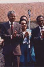 Southern Christian Leadership Conference President Joseph E. Lowery (at right) is shown with Nelson Mandela and Coretta Scott King at The King Center as part of an event welcoming Mandela to Atlanta.