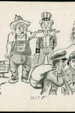 A white farmer representing "Union County" and Uncle Sam holding papers reading "Sinking U.S. Prestige Report" turn an African American military worker and a maid away from an area marked federal land. Written on recto: "Git!".