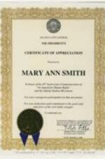 A certificate of appreciation presented to Mary Ann Smith by the Atlanta City Council and the President of the Council, Robb Pitts. The award was given in recognition in honor of the 40th Anniversary Commemoration of  "An Appeal for Human Rights," and the Atlanta Student Movement. 1 page.