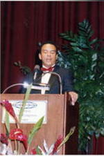 Andrew Young speaks from the podium at the at the Atlanta Student Movement 20th anniversary event.