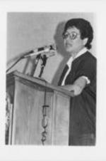 SCLC/WOMEN President Evelyn G. Lowery is shown speaking in Tuskegee, Alabama during the Sacred Rights Pilgrimage march from Eufaula to Montgomery, Alabama.