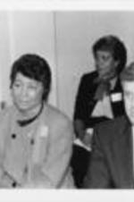 Evelyn G. Lowery, founder and convener of SCLC/WOMEN, sits with Vice President Dan Quayle during his visit to the SCLC/WOMEN Learning Center.