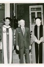 Written on verso: Commencement, 1969 President Hugh Gloster, Mayor Ivan Allen, Former Vice-President Hubert Humphrey on steps of President's Home.