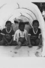 Three young boys are shown riding in the back of a wagon.