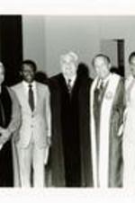 Written on verso: Honor's Day - November 3, 1983 (l-r) Vice-President for Academic Affairs Dr. Willis J. Hubert, Dr. Lawrence E. Carter, Dean of King Chapel, Dr. Noah Langdale, President of Georgia State University, Dr. Hugh Gloster President of Morehouse College, and Mr. Phillip Cusic, '84.