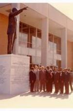 Written on verso: From left to right, posing on the Plaza of the Martin Luther King Jr International Chapel are: Dr. T.J. Jemison, President of the NBC, USA, Inc., Dr. Hugh M. Gloster, President of Morehouse College, Dr. Thomas Kilgore Jr., Chairman of the Morehouse College Board of Trustees, Dr. W. Franklyn Richardson, General Secretary of the NBC, USA, Inc., Dr. C.A.W. Clark, Vice President at large of the NBC, USA., Inc., Dr. Cameron Alexander, General Chairman, Atlanta, '85, Dr. Lawrence Edward Carter Sr., Dean of King International Chapel, Rev. Joe Hardwick, Special Assistant to Dr. Jemison. The Convention Board Meeting was held in the King International Chapel.