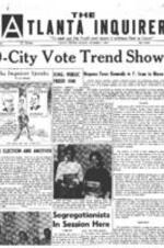 Articles about segregation policies, racial voting demographics, and the 1960 Presidential Election Race between John F. Kennedy and Richard Nixon the day before November 8th elections. The Atlanta Inquirer contrasts both presidential candidates' platforms. The articles depict two Spelman students, one in her junior year and the other in her senior, holding signs showing their backed candidate (Nixon-Lodge and Kennedy-Johnson). An illustration of a political cartoon shows a man standing in-between two posters; one saying "For President, Kennedy," and the other saying " For President, Nixon." At the bottom of the cartoon, it says, "The Man or The Party?". 1 page.