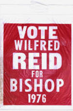 A plastic shopping bag with a bold logo reads: Vote Wilfred Reid for Bishop 1976.