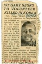 "First Gary Negro To Volunteer Killed in Korea" article documenting Private James Brazil of Gary, Indiana being the first to lose his life in Korea from that town.