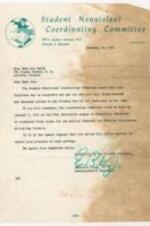 This document is a correspondence letter from Edward B. King. Jr., to Mary Ann Smith on December 30th, 1960. In the letter, King reminds Smith that the Coordinating Committee voted to meet on January 7th, 1961, on the Fisk University campus. King explains the meeting is about the final plans for the February 1st "Sit-In" Anniversary Action Day Project and requests Mary Ann Smith to respond if she plans on attending the meeting. 1 page.