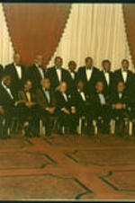 Group portrait of Dr. Vivian Wilson Henderson, president of Clark College, with other notable men such as Hugh Gloster and Benjamin Mays, former Morehouse presidents, Clarence Coleman, director of the National Urban League, and Edward Simon.