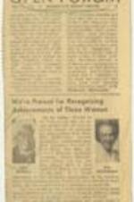 "We're Praised for Recognizing Achievements of Three Women" article on Orchids to the Tribune and Star for recent recognitions of Mrs. Bethune, Mrs. Ethlyn Bott, and Mrs. Heffelfinger. 1 page.