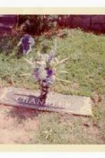 Closer view of gravesite of Gladstone Chandler with flowers on top and pet dog in the distance. Written on verso: Gigi our pet poodle-who stood at the window watching for his mother who never returned- when lifted to stretcher to take him to the hosp. He followed me to the cemetery where I visited the grave daily (Erdie).