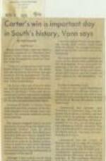 Article on Birmingham, Alabama's Mayor David Vann expressing his joy at the election of President-elect Jimmy Carter, attributing his victory to the end of regionalism and a change in attitude towards the South. 1 page.