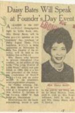 "Daisy Bates Will Speak at Founder's Day Event" article on Mrs. Daisy Bates as the guest speaker at the Founders Day luncheon for Delta Sigma Theta. 1 page.
