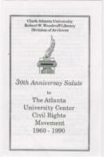 This brochure is from the 30th Anniversary Salute to the Atlanta University Civil Right Movement held at the AUC Robert Woodruff Library. The brochure provides a summary of the history of the movement in Atlanta. The brochure described in 1990, Atlanta was on the verge of fulfilling its potential as an international city, solidifying its position as the economic, political, and social capital of the New South. The city's successful bid for the 1996 Olympics is the culmination of efforts made in the past thirty years. These efforts can be directly traced back to March 15, 1960, when Atlanta University Center students began occupying seats at segregated lunch counters in various locations, leading the way for positive changes in the city. The students' innovative protests, such as conducting bus trips to test segregated facilities before the "freedom rides", had a national impact and may have influenced John F. Kennedy's election victory. The Atlanta student movement of the early 1960s played a crucial role in the desegregation of lunch counters and formed an invaluable link between the past and the future. Without their groundbreaking actions, subsequent victories in places like Birmingham and Selma would not have been possible. 2 pages.