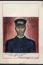 Color pencil drawing of a Pullman Porter by Hale Woodruff. Written on recto: To my friend B. R. Brazeal with appreciation, Hale Woodruff 10-17-79.