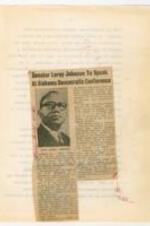 A newspaper clipping describing an upcoming meeting of the Alabama Democratic Conference featuring Georgia State Senator Leroy Johnson and Maryland State Senator Verda F. Welcome as speakers. 1 page.