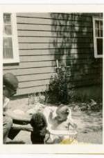 Theodore J. Warren holding dog Gigi in front of Beth Angela Warren as a child. Written on verso: Age 9 mos. Dad Ted trying to introduce her to Gigi who came to visit with grandma Erdie.