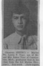 Announcement for Marine PFC Lewis T. Visor. Written on recto: graduated first in his class from the 3rd Marine Division's five-week clerk-typists School at Okinawa, January 25."