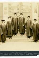 Group portrait of Spelman College graduating class of 1927. Written on recto: 1927 Graduating Class Left to Right - Sylvesta Floyd, Essie Heath, Helen Greene, Lyda McCree, Camilla Howard, Edna Hill, Jessie Heath, Agnes May.